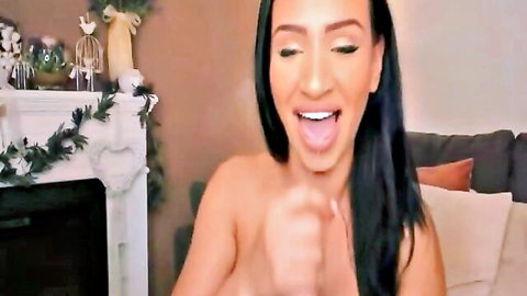 Smiling dark-haired beauty topless webcam flash