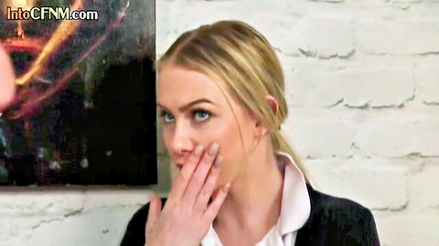 Blonde CFNM domina covers mouth in shocked group handjob session