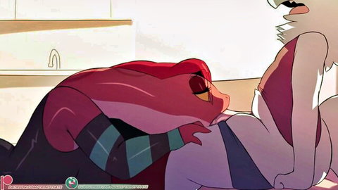 Red snake anthro girl embraces white furry babe's breasts in lesbian hentai scene