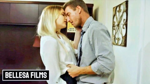 Blonde woman passionately kissing suited man in office romance scene