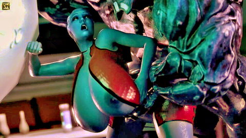 Blue-skinned alien babe in red harness groped by green tentacles, sci-fi erotica