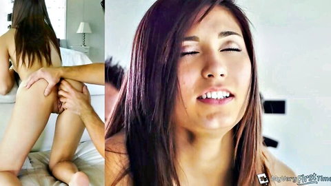 Petite brunette teen bent over doggy style with hand grabbing wet pussy and orgasm face closeup