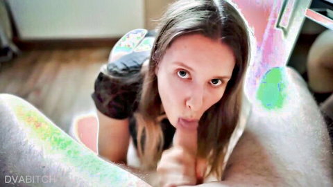 Brunette babe puckers lips to lick boyfriend's shiny balls in amateur POV