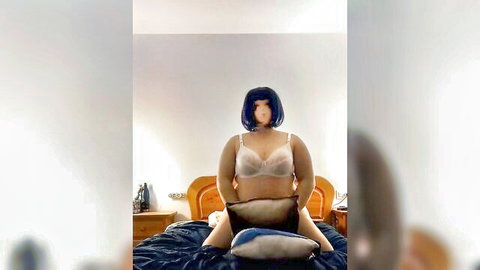 Curvy BBW in white lace lingerie straddling pillow on bed with huge tits and thick thighs