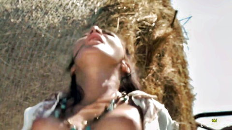 Brunette babe in ecstatic outdoor passion amid hay bales, wild family role-play vibe