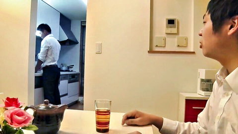 Asian men in domestic kitchen scene, JAV boredom setup with married theme