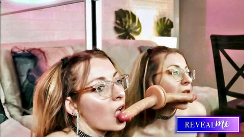 Glasses-wearing babe deepthroats massive pink dildo in steamy mirror reflection solo