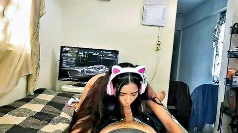 Asian gamer girl with big tits in cat ears giving blowjob
