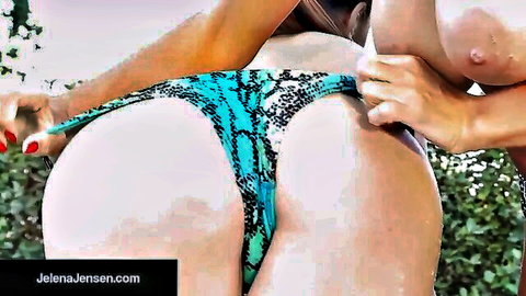 Jelena Jensen exposes big tits and ass in teal bikini by pool during lesbian play