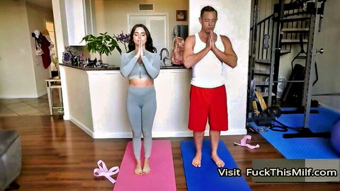 Suttin big titted wife in grey yoga outfit trying poses with partner