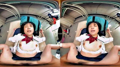 Japanese schoolgirl exposes small tits and spreads legs flashing censored pussy on train VR POV
