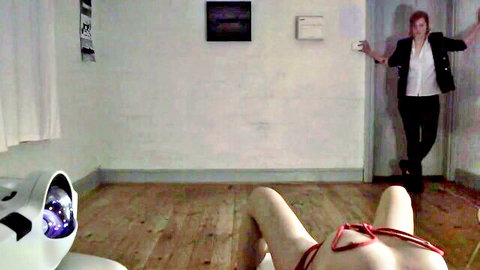 Naked brunette babe on floor legs spread wide red thong aside exposing wet pussy big tits big ass