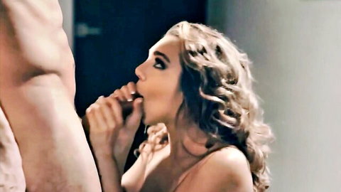 Tiffany Watson performing intense oral on muscular stud in kinky job scene