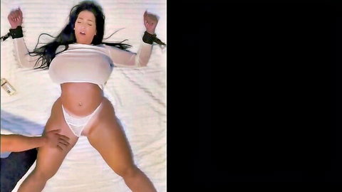Camilla Rose restrained in white lingerie, man touching her curvy body