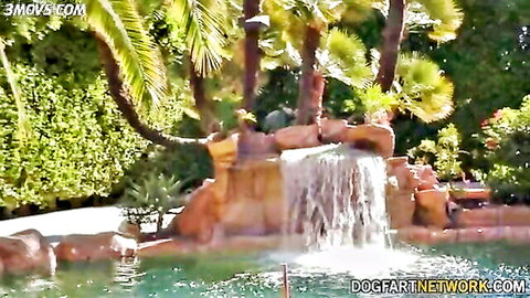 Coco Lovelock by tropical pool waterfall on vacation, petite blonde ready for BBC action