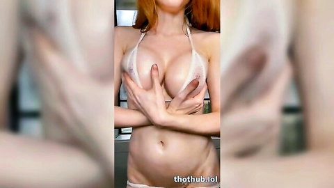 Amouranth in sheer white mesh bikini teasing large breasts and hairy pussy