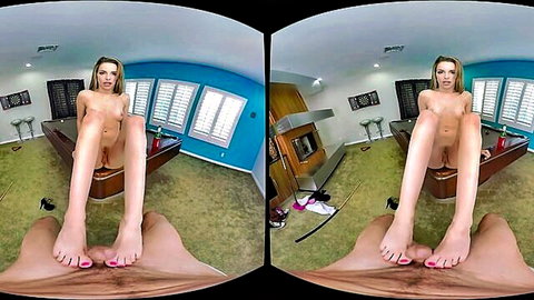 Blonde babe with small tits spreads legs wide exposing shaved pussy in POV VR foot fetish view