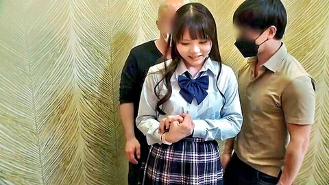 Cute Asian teen in sailor school uniform smiled with two masked men in JAV amateur