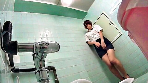 Japanese nurse in uniform masturbating solo in bathroom, squirting fetish