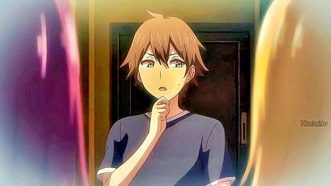 Cute anime boy with brown hair pondering thoughtfully in front of door in hentai scene