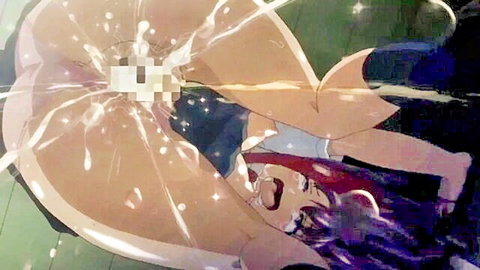 Hentai schoolgirl upside down with skirt flipped up getting explosive cumshot on censored pussy and ass
