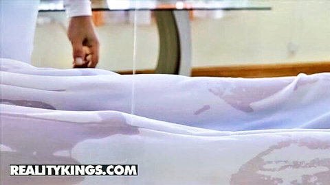 Luna Star wet in white lingerie, horny at spa session