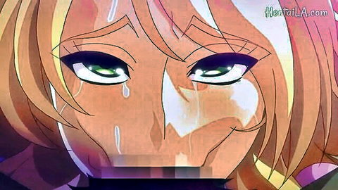 Teary-eyed anime girl with orange hair and green eyes in censored facial cumshot hentai scene