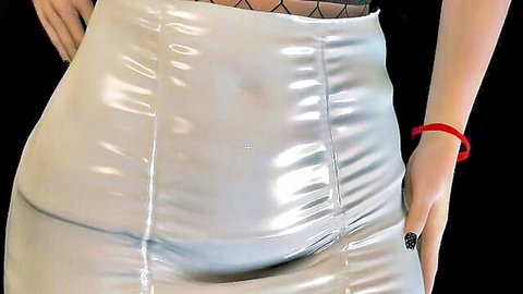3D curvy woman in shiny white latex skirt and fishnet stockings teasing lapdance pose