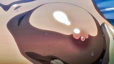 Anime girl's large pale breast squeezed by hand, erect pink nipple visible