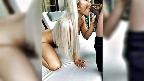Perfect body blonde teen giving intense blowjob on balcony