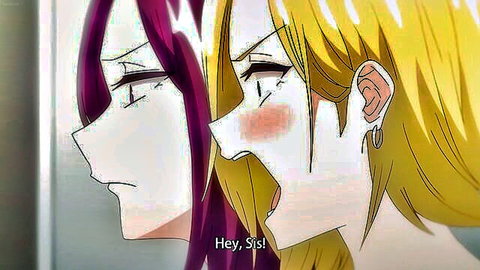Anime sisters in close facial confrontation, purple and blonde hair yuri vibe