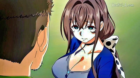 Busty anime wife in sweater facing older man in NTR hentai scene