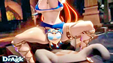 Animated redhead in blue bikini squatting dominantly over man