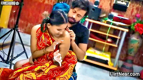 Desi maid in red saree groped by man in intimate pose