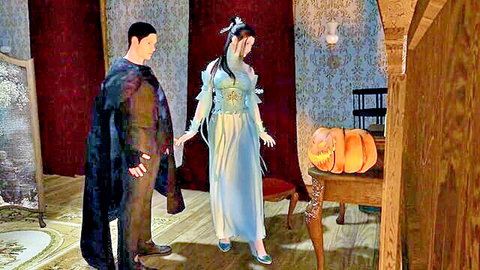 Xiao Xun'er VAM cosplay: Asian woman in blue dress with man in cape