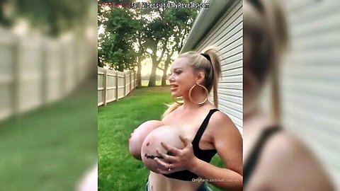 Blonde with huge natural tits teasing outdoors, OnlyFans big boobs exposure