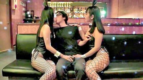 Two Asian bunny girls in lingerie seduce blindfolded man in steamy threesome