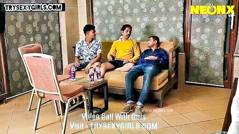 Three clothed South Asian men chatting casually on video call with drinks
