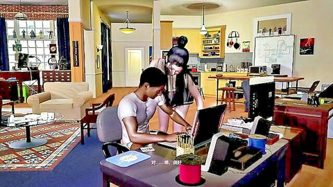 3D animated Asian babe with black hair leans over black guy at desk in NTR scene
