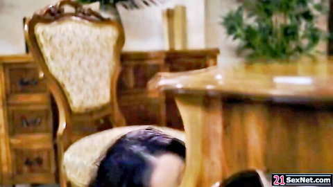Dark-haired big tits MILF client bent over chair for ass fucking