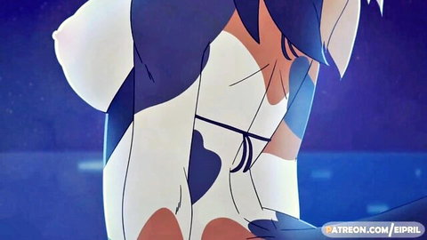 Eipril anime girl in white bikini bending over on night beach, explicit ass view