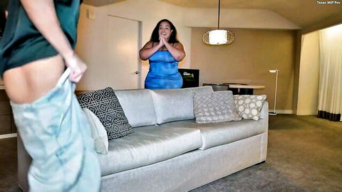 Shocked curvy MILF in blue dress exposes ass for BBC POV pounding