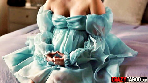 Gizelle Blanco pregnant in sheer blue dress, cleavage tease