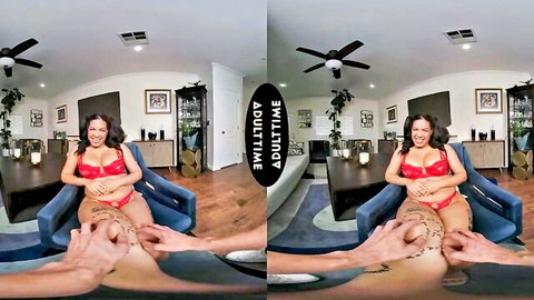 Ebony teen Maya Farrell in red lingerie rides cock intensely in VR POV
