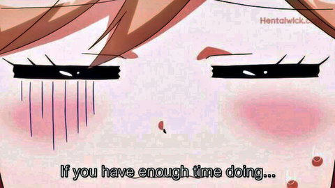Anime girl with orange hair, teary eyes closed, blushing from boss's giant dong pounding