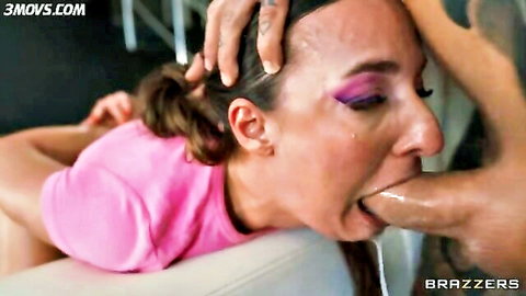 Brunette MILF gags on thick cock during intense face fuck with drool dripping from stretched mouth