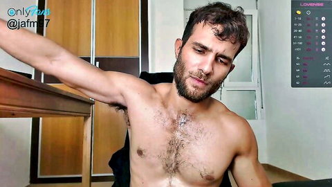 Bearded hairy Latino man flexing shirtless, Jafm97 webcam pose