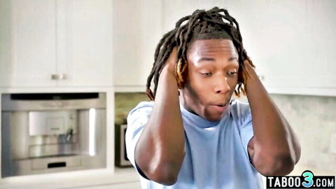 Shocked black stepson with dreads grabs head in surprise, BBC stepmom fantasy