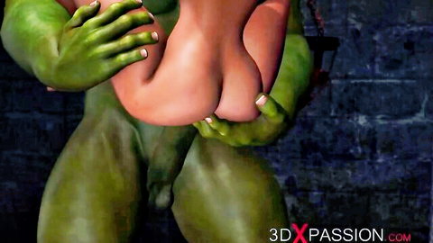 3DXPassion 3D animated green monster with big cock holding nude woman from behind
