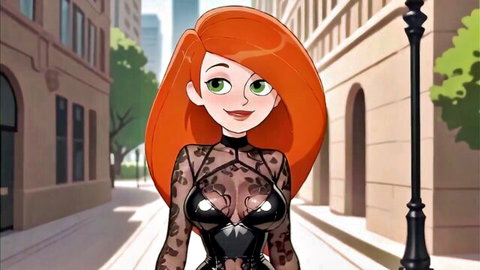 Animated redhead cutie in sexy black lace lingerie try-on pose